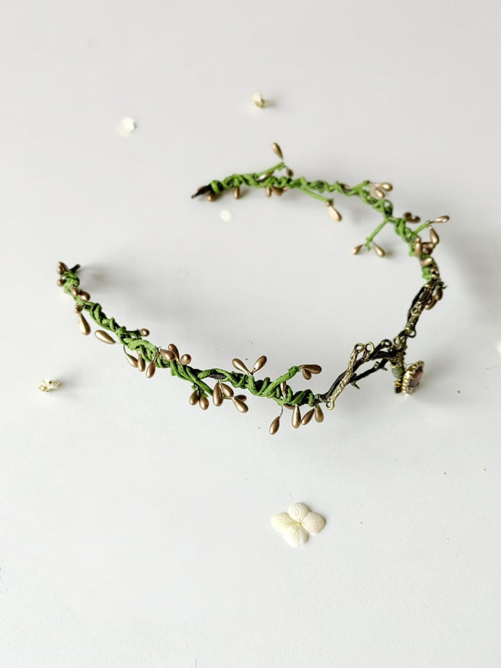 Woodland Wedding Tiara – Green Gold Elven Crown – handmade floral hair accessory by magaela