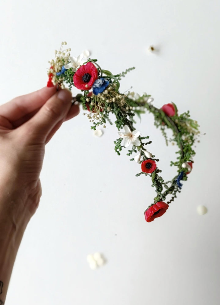 Wildflower Crown: Folk Elven Tiara, Poppy Flower Headpiece – handmade floral hair accessory by magaela