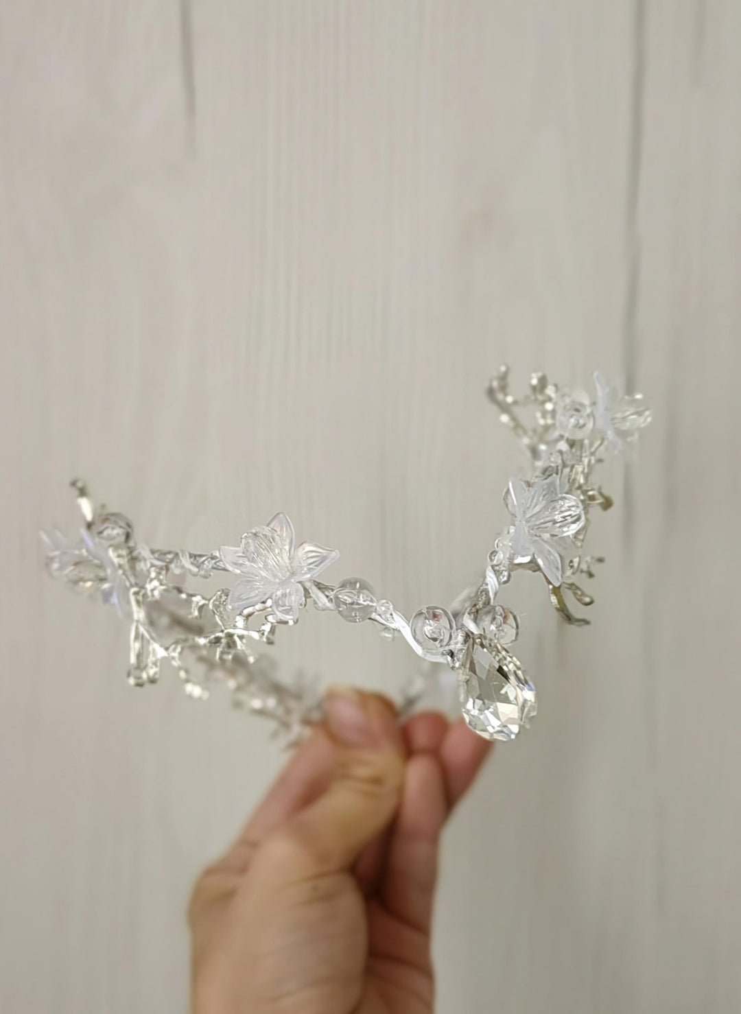 Winter Wedding Tiara: Transparent Flower Fairy Crown with Veil – handmade floral hair accessory by magaela