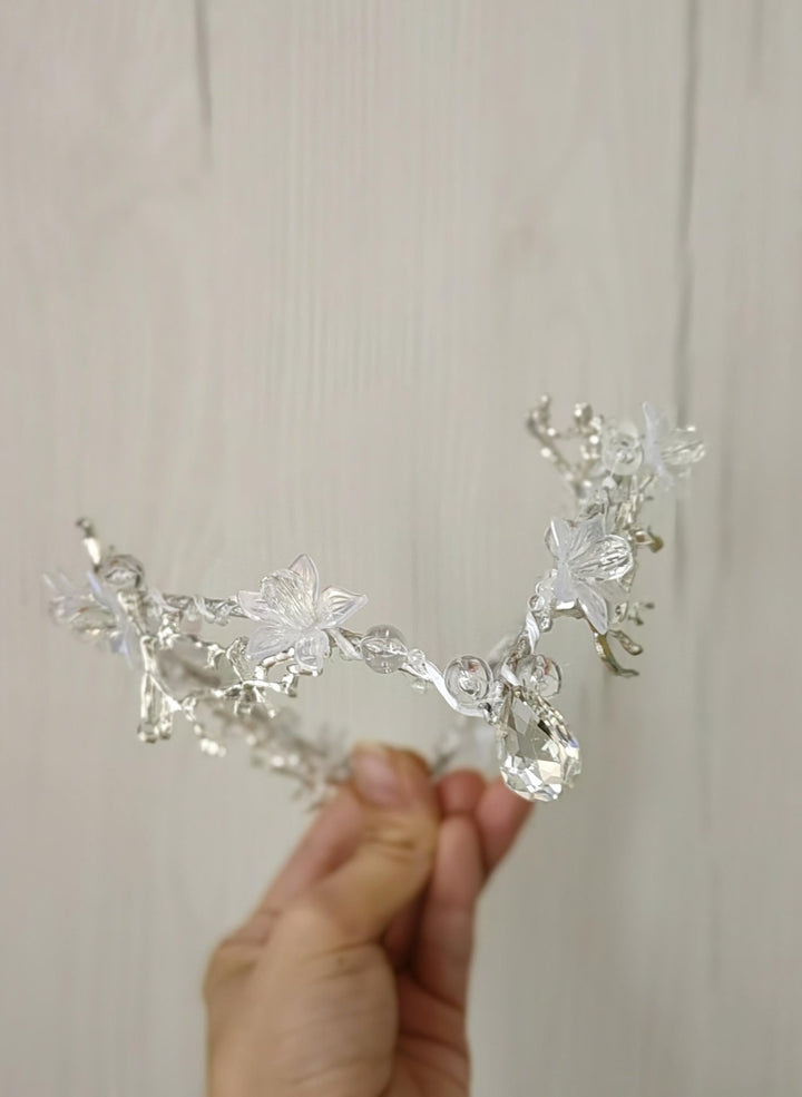Winter Wedding Tiara: Transparent Flower Fairy Crown with Veil – handmade floral hair accessory by magaela