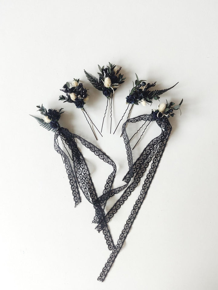 Gothic Wedding Black Lace Veil: Corpse Bride Flower Hairpins – handmade floral hair accessory by magaela