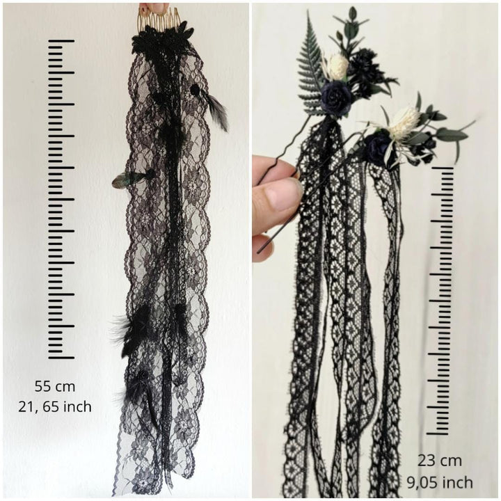 Gothic Wedding Black Lace Veil: Corpse Bride Flower Hairpins – handmade floral hair accessory by magaela