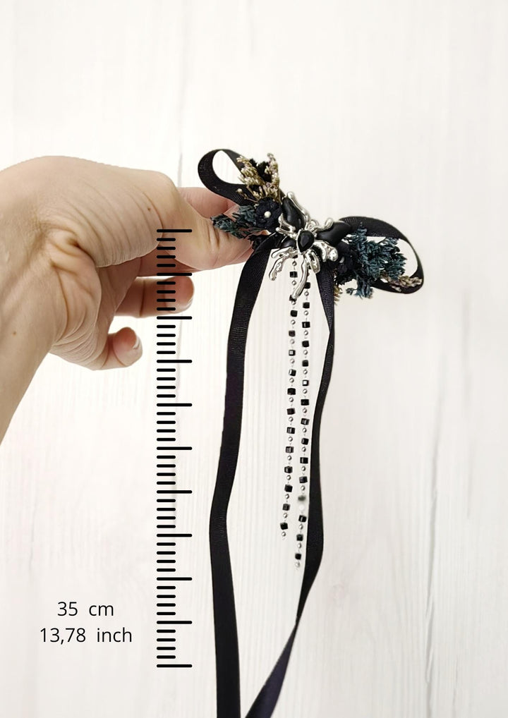 Black Bow Hair Clip: Gothic Spider Halloween Wedding Jewelry – handmade floral hair accessory by magaela