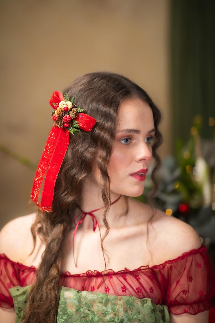 Christmas Bow Clip: Red Ribbon, Pine Cones & Gingerbread – handmade floral hair accessory by magaela