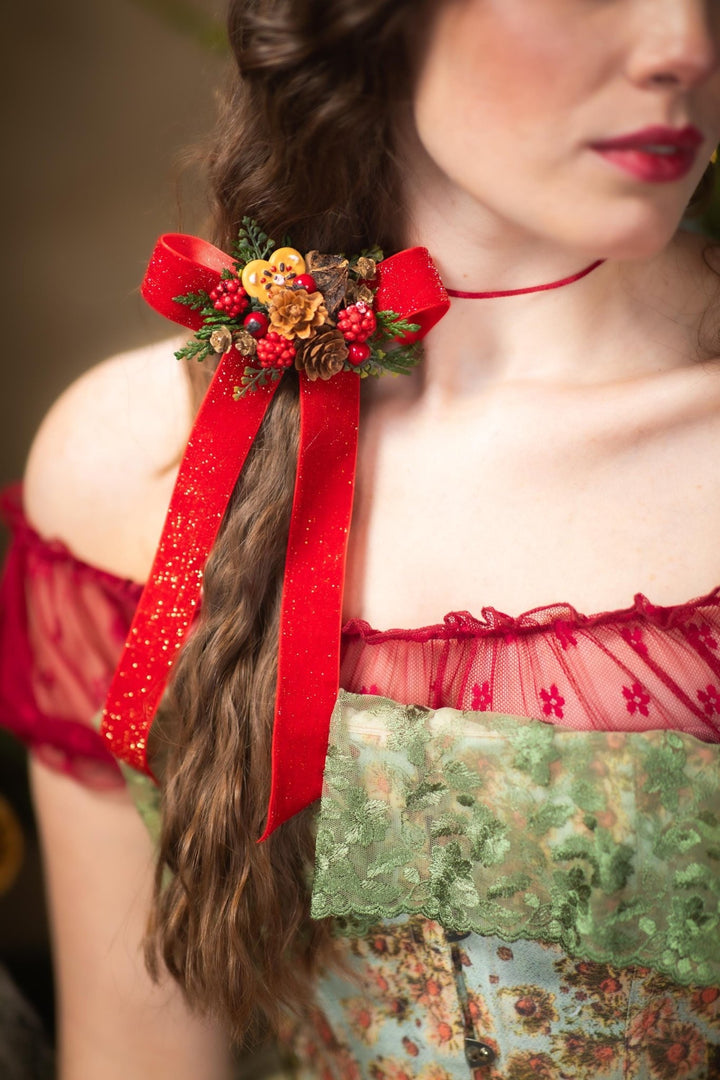 Christmas Bow Clip: Red Ribbon, Pine Cones & Gingerbread – handmade floral hair accessory by magaela