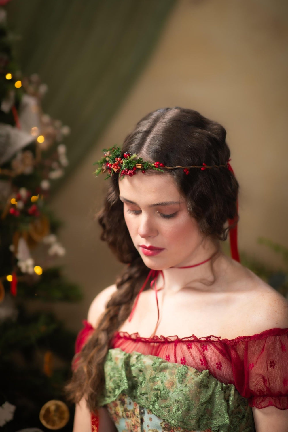 Red Berry Christmas Hair Wreath: Woodland Winter Headpiece – handmade floral hair accessory by magaela
