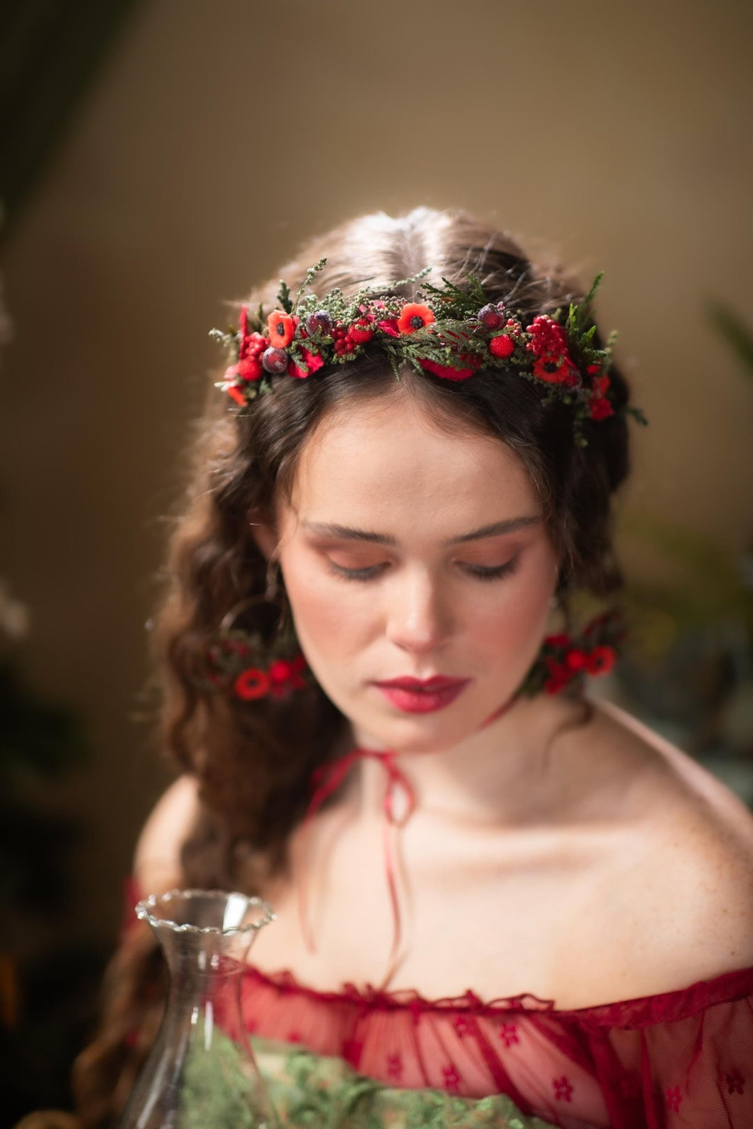 Red Christmas Headband: Poppy Flower & Berry Headpiece – handmade floral hair accessory by magaela