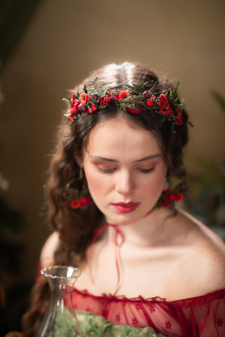 Red Christmas Headband: Poppy Flower & Berry Headpiece – handmade floral hair accessory by magaela
