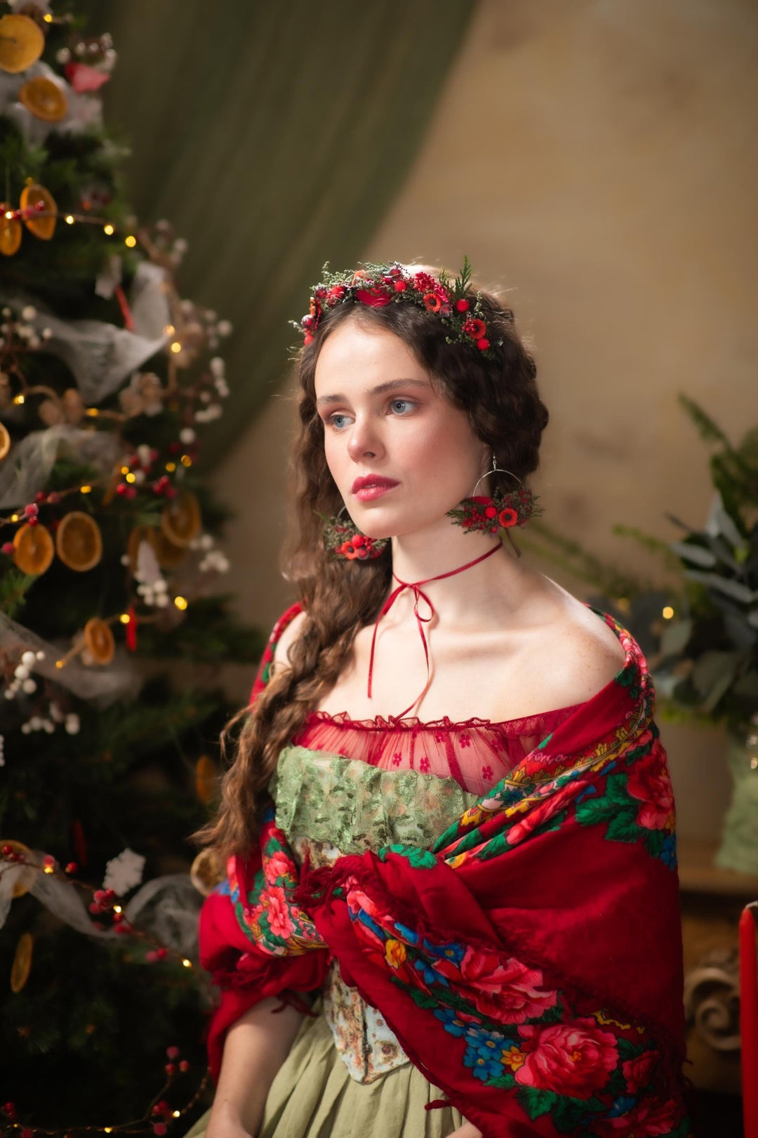 Red Christmas Headband: Poppy Flower & Berry Headpiece – handmade floral hair accessory by magaela