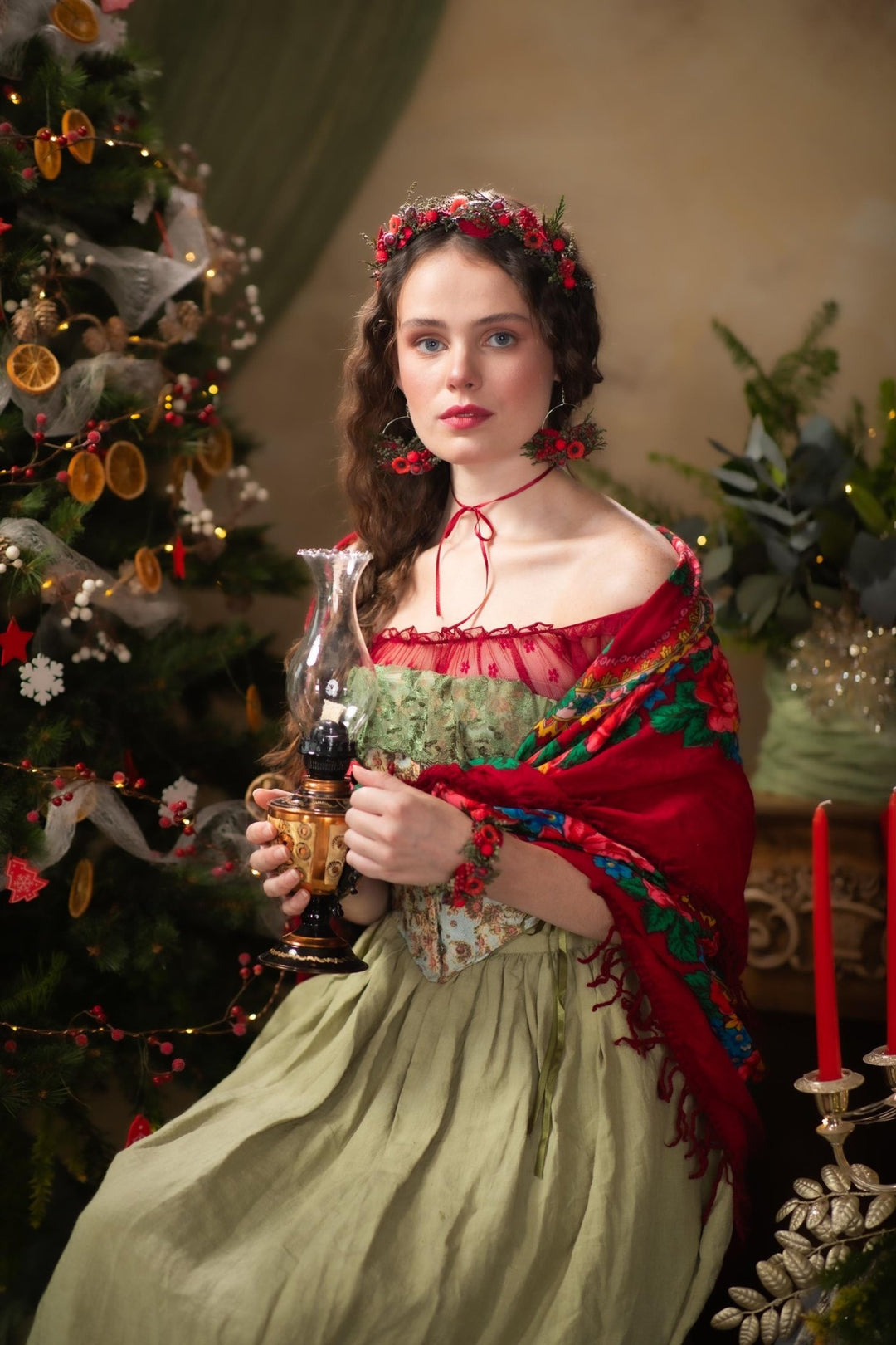 Red Christmas Headband: Poppy Flower & Berry Headpiece – handmade floral hair accessory by magaela