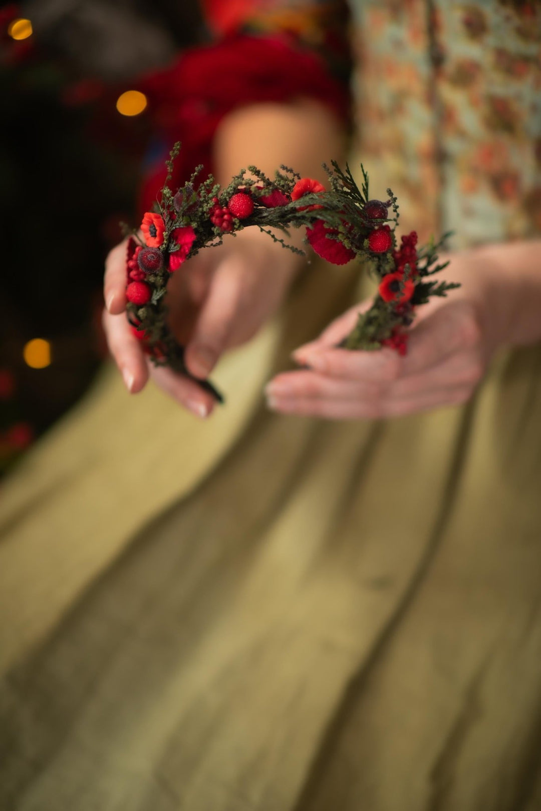 Red Christmas Headband: Poppy Flower & Berry Headpiece – handmade floral hair accessory by magaela