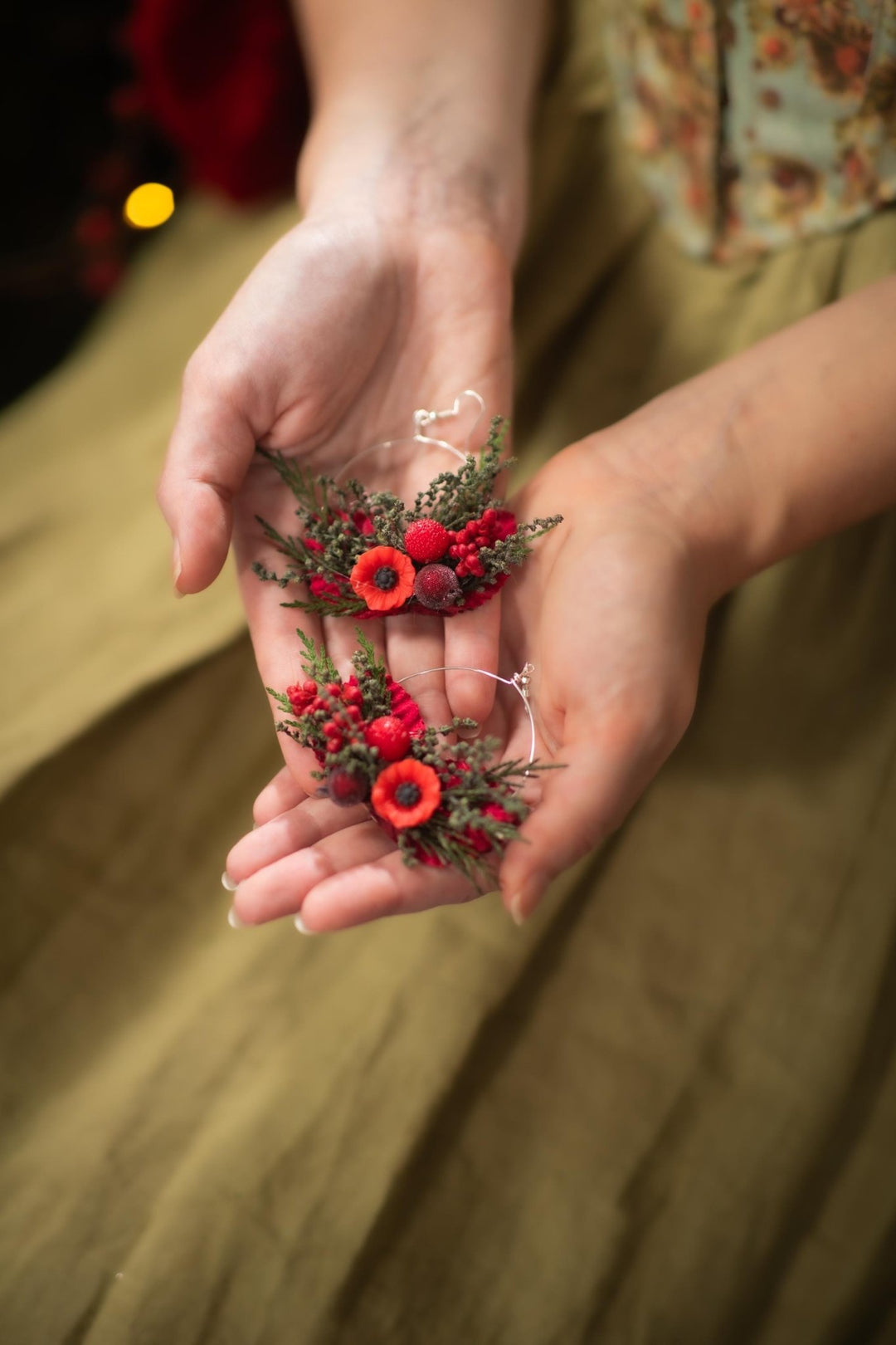 Red Poppy Flower Circle Earrings: Christmas Wedding Jewelry – handmade floral hair accessory by magaela
