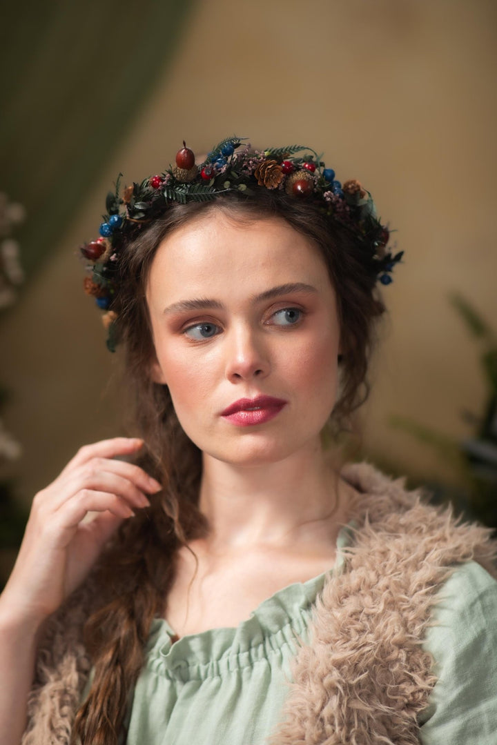 Woodland Christmas Hair half Wreath: Winter Wedding Headpiece – handmade floral hair accessory by magaela