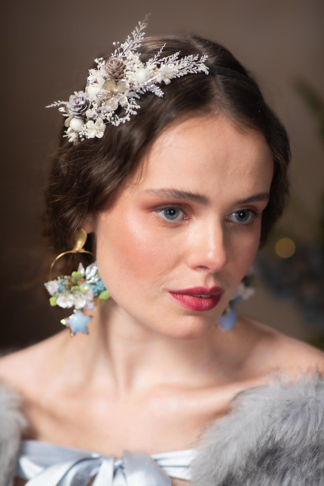 Blue Flower Moonstone Circle Earrings: Winter Wedding Jewelry – handmade floral hair accessory by magaela