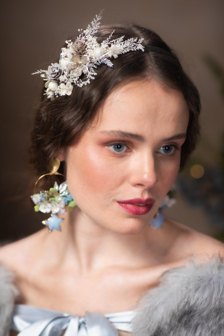 Blue Flower Moonstone Circle Earrings: Winter Wedding Jewelry – handmade floral hair accessory by magaela