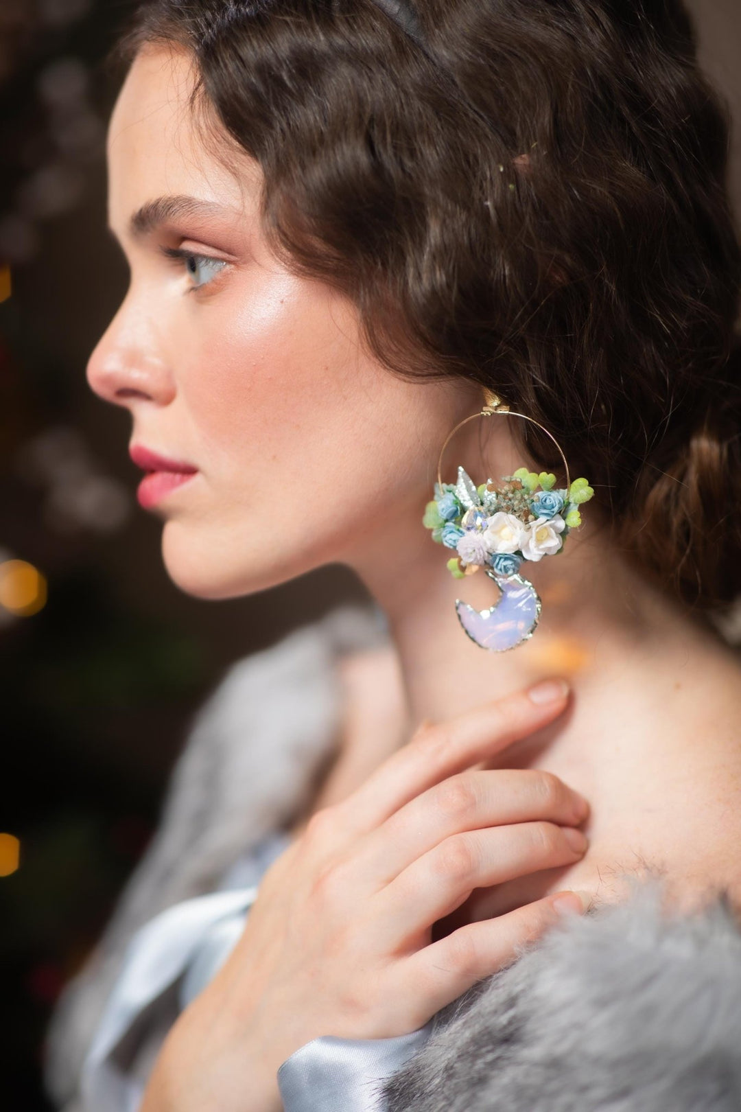 Blue Flower Moonstone Circle Earrings: Winter Wedding Jewelry – handmade floral hair accessory by magaela