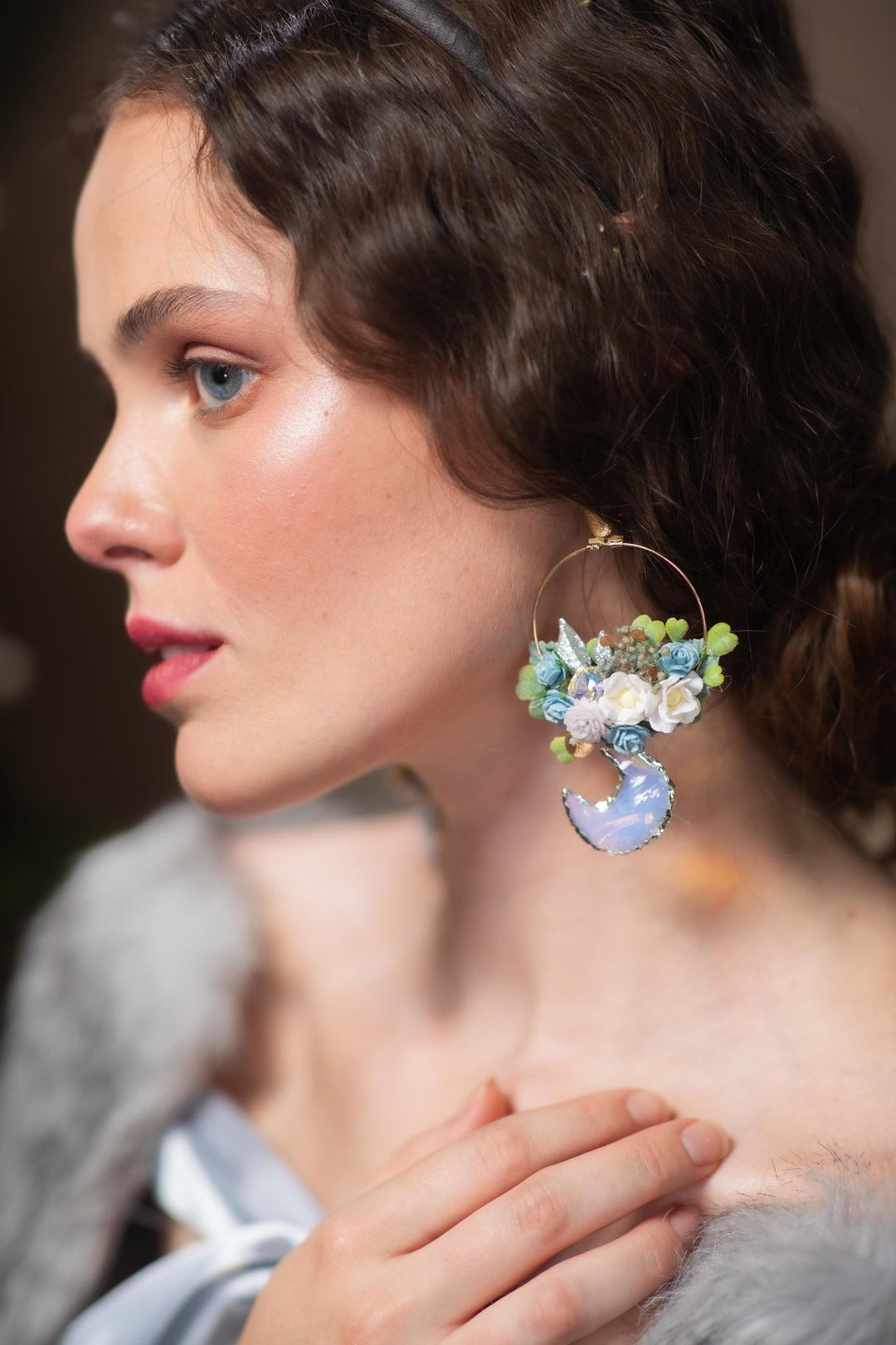 Blue Flower Moonstone Circle Earrings: Winter Wedding Jewelry – handmade floral hair accessory by magaela