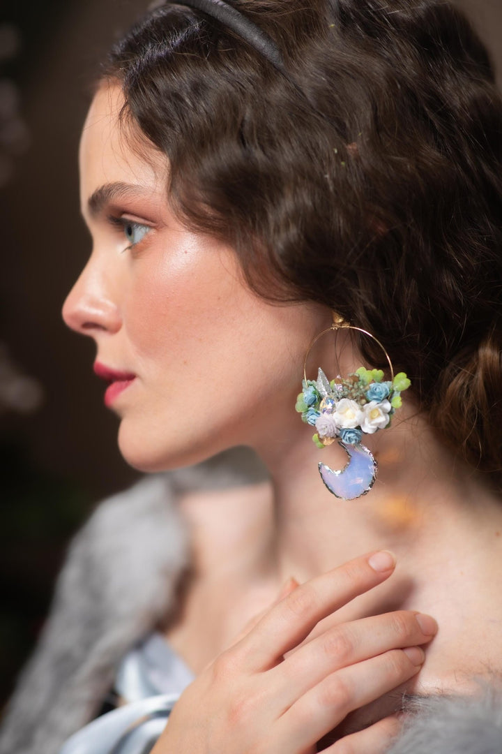 Blue Flower Moonstone Circle Earrings: Winter Wedding Jewelry – handmade floral hair accessory by magaela