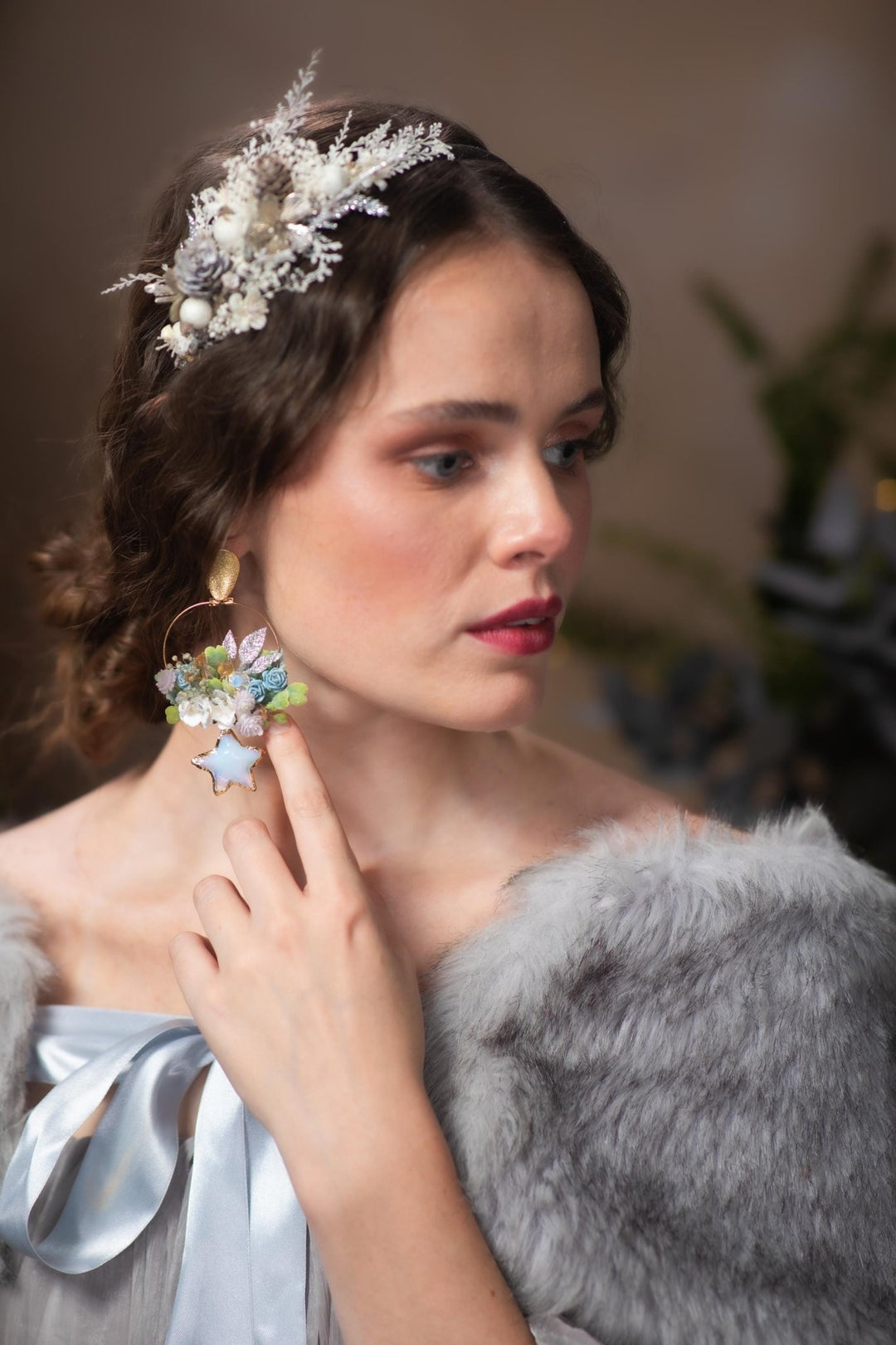 Blue Flower Moonstone Circle Earrings: Winter Wedding Jewelry – handmade floral hair accessory by magaela