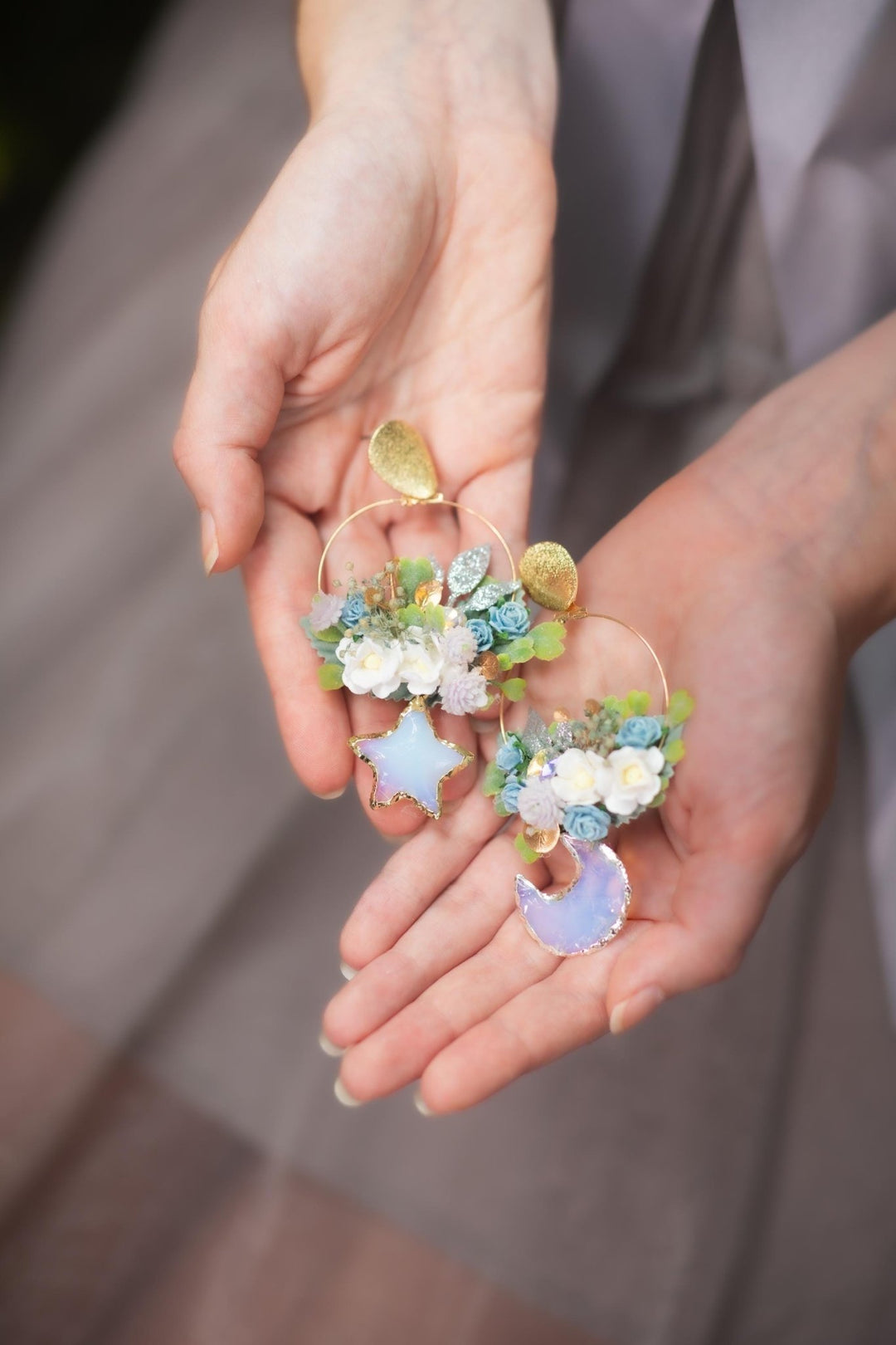 Blue Flower Moonstone Circle Earrings: Winter Wedding Jewelry – handmade floral hair accessory by magaela