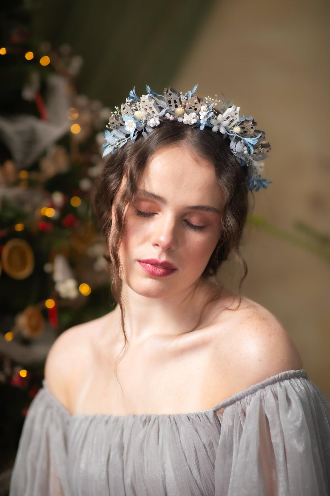 Winter Village Headband: Blue Christmas Headpiece – handmade floral hair accessory by magaela
