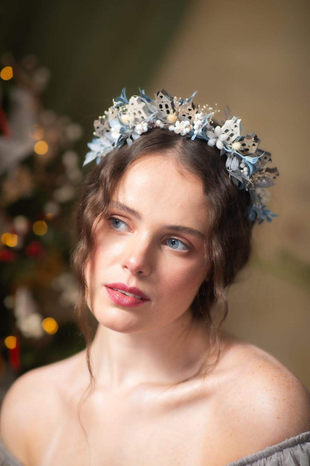 Winter Village Headband: Blue Christmas Headpiece – handmade floral hair accessory by magaela