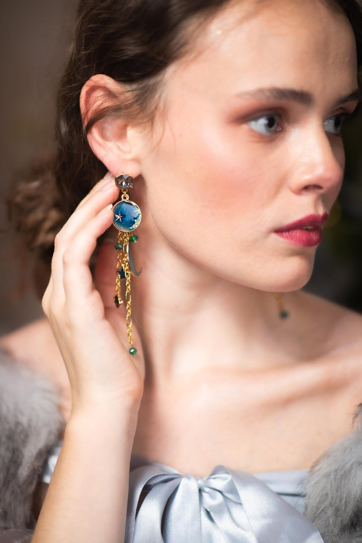 Blue Moon Earrings: Gold Chain Universe Dangle Earrings – handmade floral hair accessory by magaela