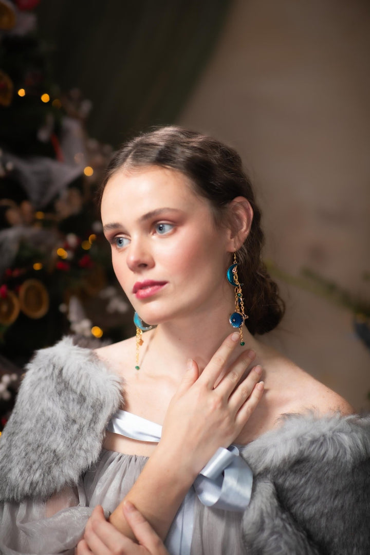 Blue Moon Earrings: Gold Chain Universe Dangle Earrings – handmade floral hair accessory by magaela