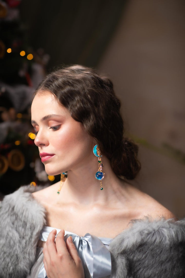 Blue Moon Earrings: Gold Chain Universe Dangle Earrings – handmade floral hair accessory by magaela