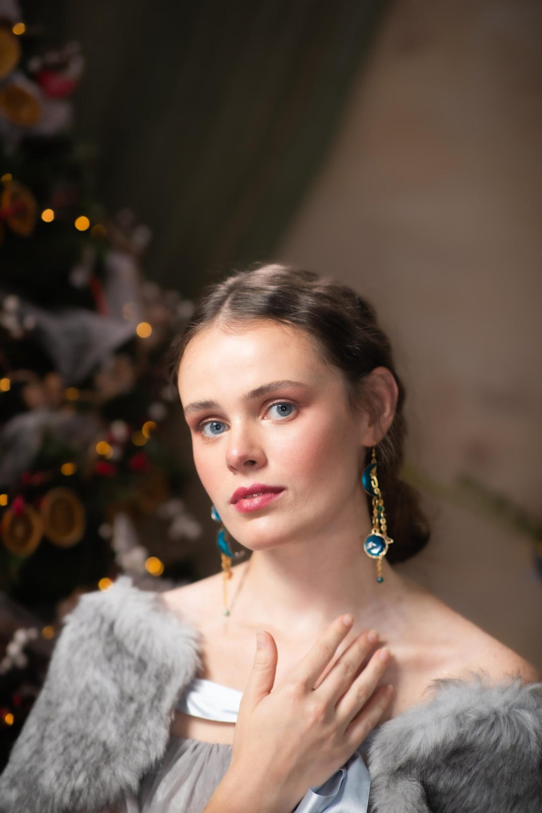 Blue Moon Earrings: Gold Chain Universe Dangle Earrings – handmade floral hair accessory by magaela