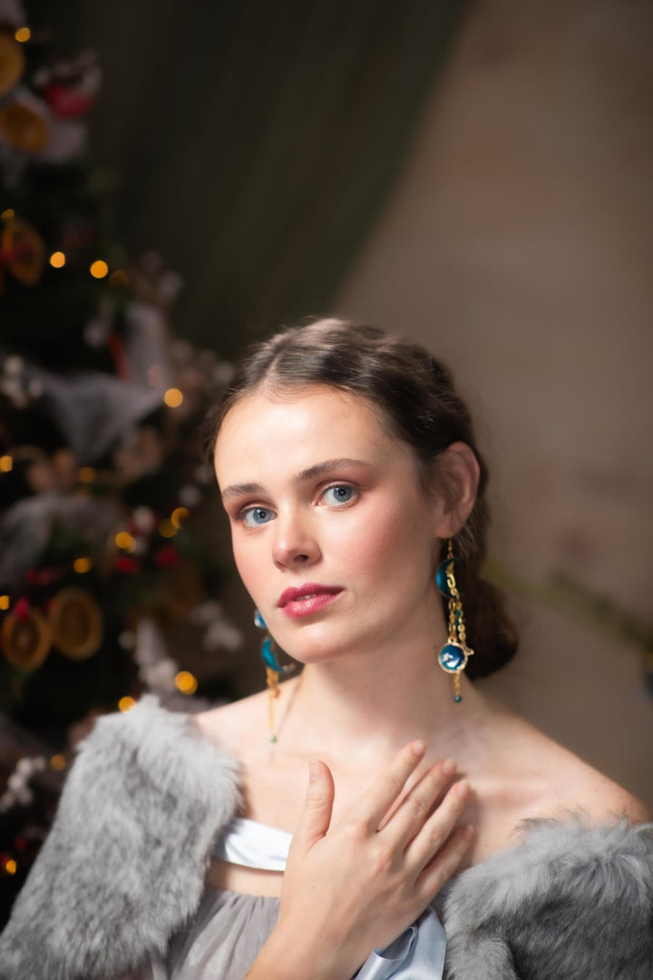 Blue Moon Earrings: Gold Chain Universe Dangle Earrings – handmade floral hair accessory by magaela