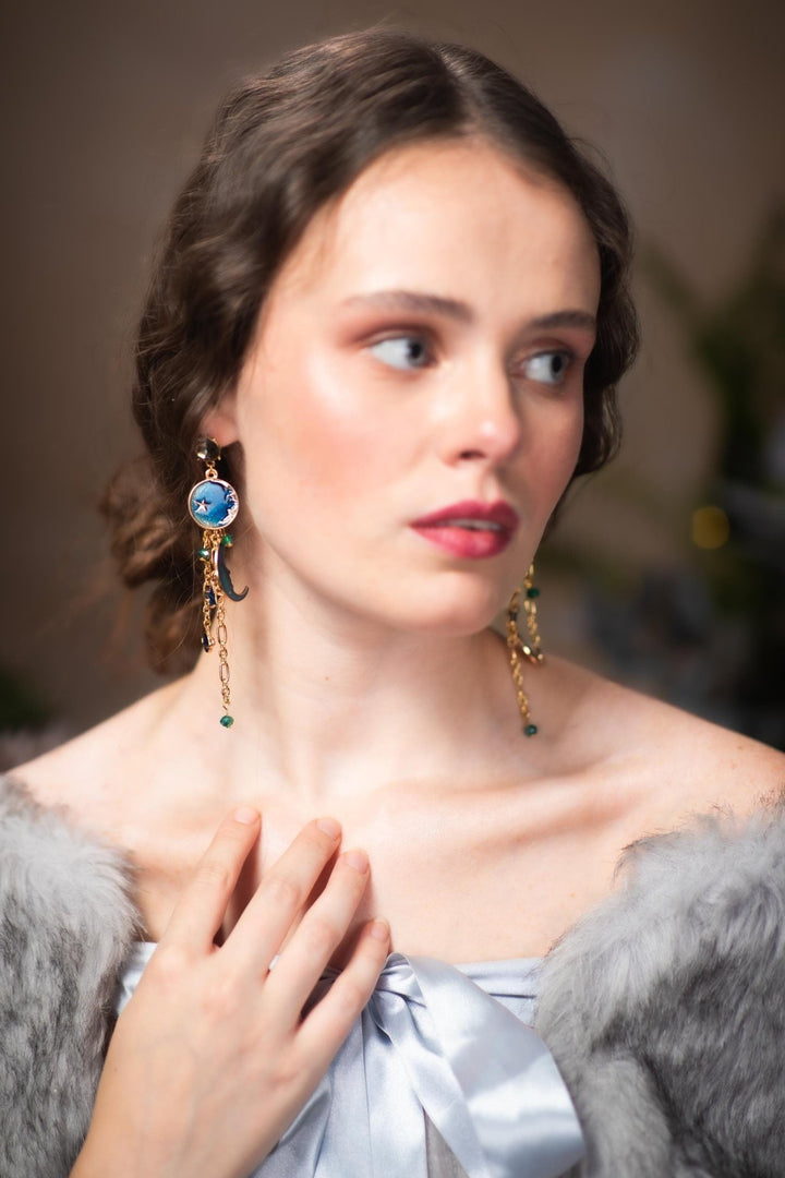 Blue Moon Earrings: Gold Chain Universe Dangle Earrings – handmade floral hair accessory by magaela