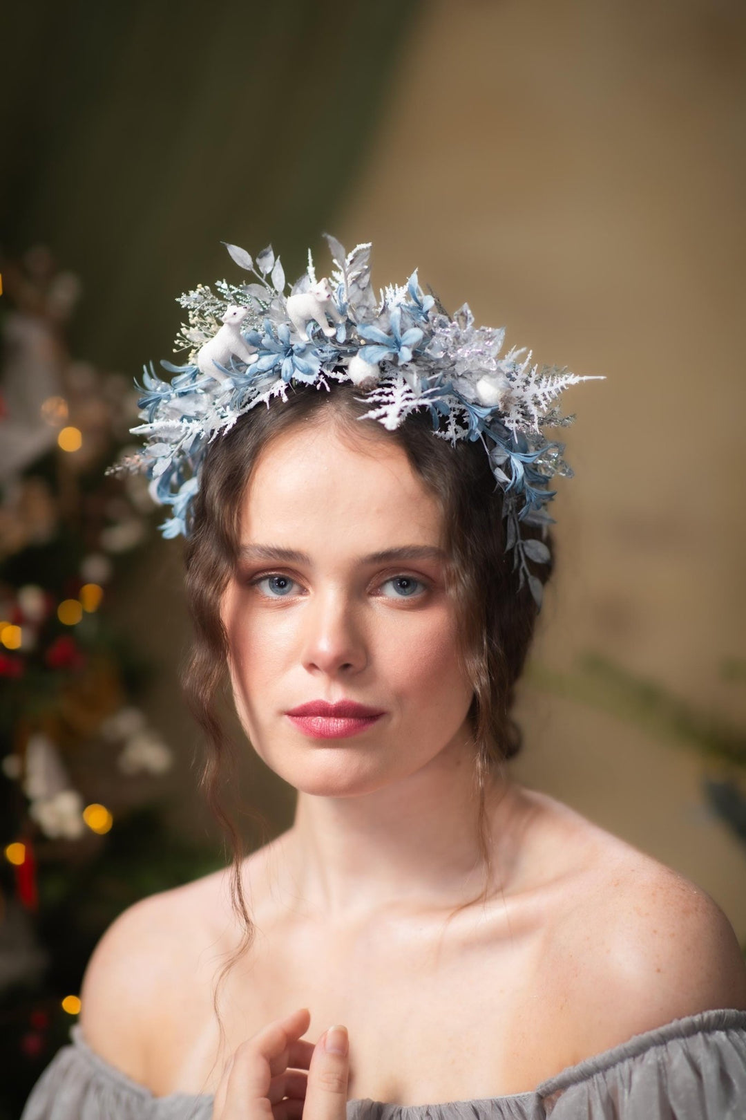 Polar Bear Winter Headband: Blue & White Christmas Headpiece – handmade floral hair accessory by magaela