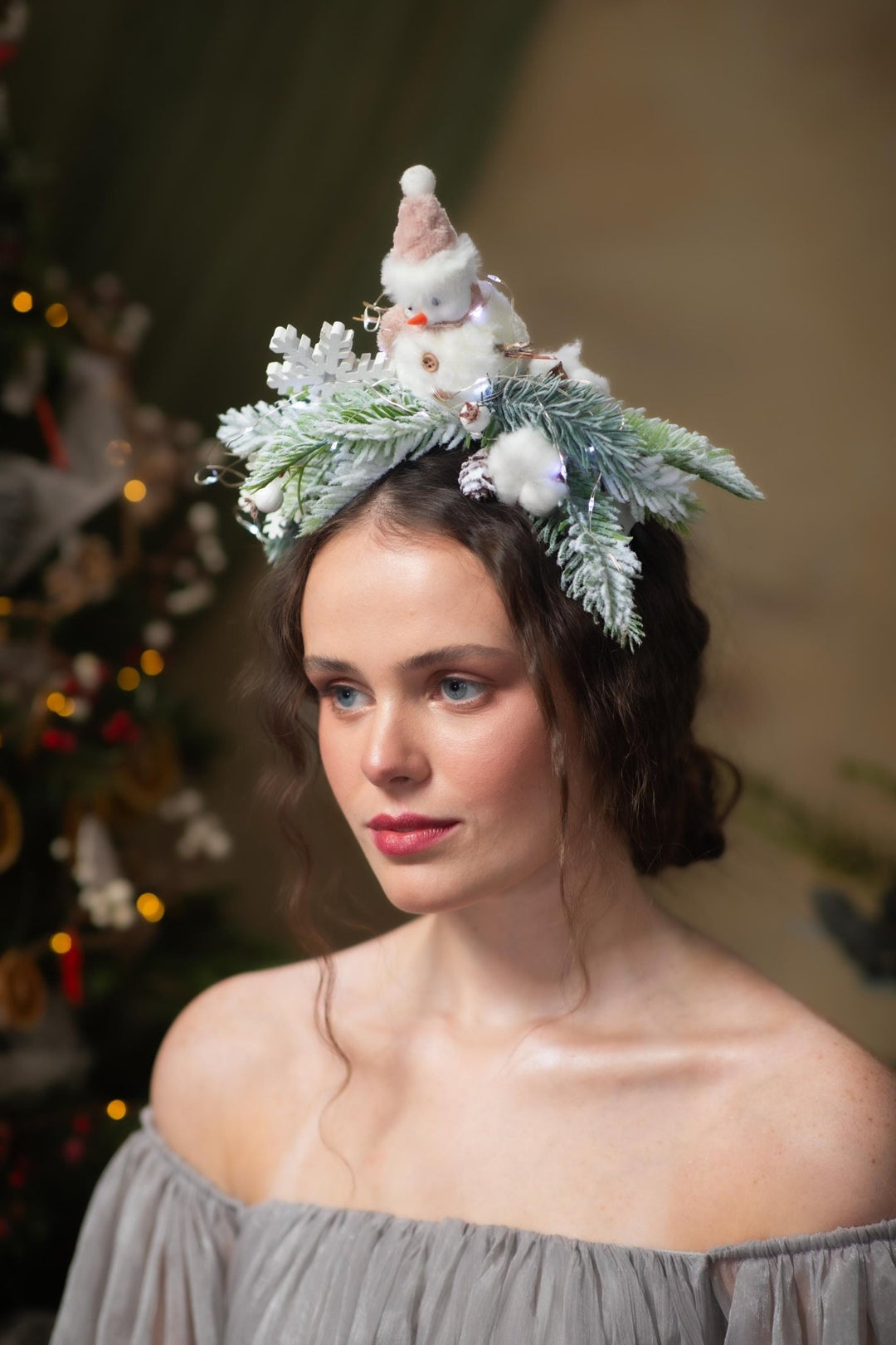 Snowman Christmas Headband with Lights: Winter Holiday Headpiece – handmade floral hair accessory by magaela