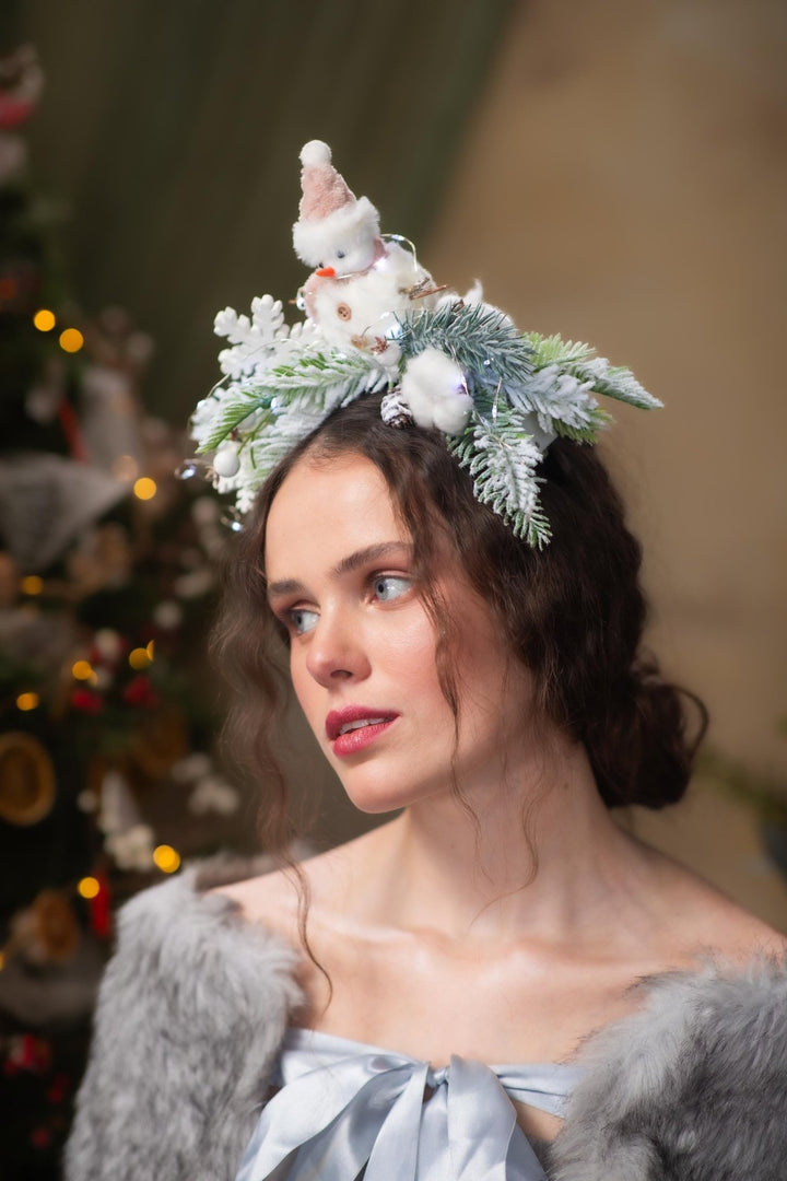 Snowman Christmas Headband with Lights: Winter Holiday Headpiece – handmade floral hair accessory by magaela