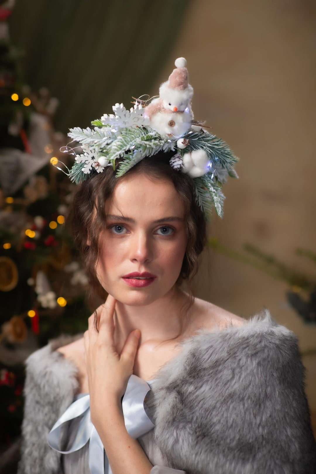 Snowman Christmas Headband with Lights: Winter Holiday Headpiece – handmade floral hair accessory by magaela