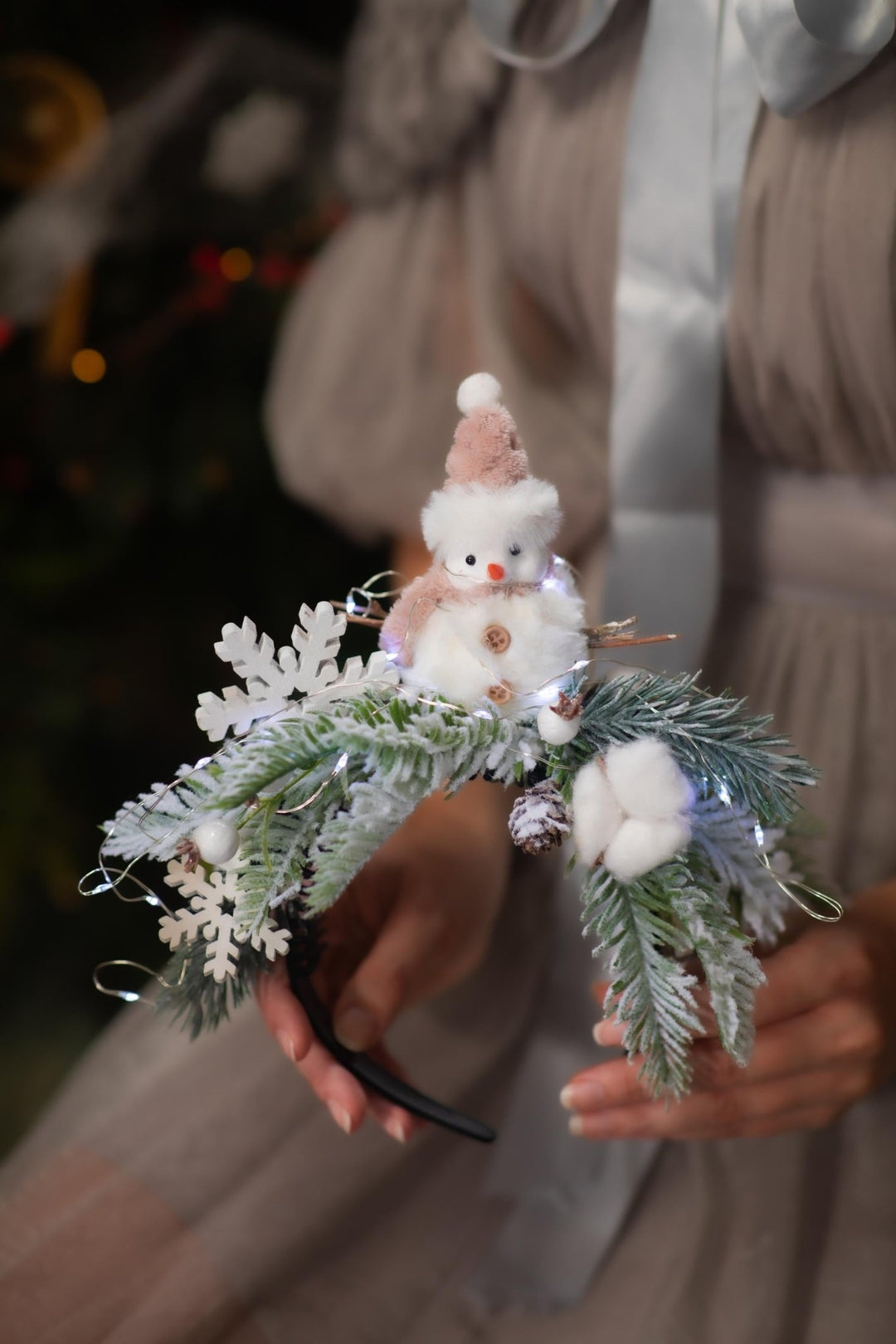 Snowman Christmas Headband with Lights: Winter Holiday Headpiece – handmade floral hair accessory by magaela