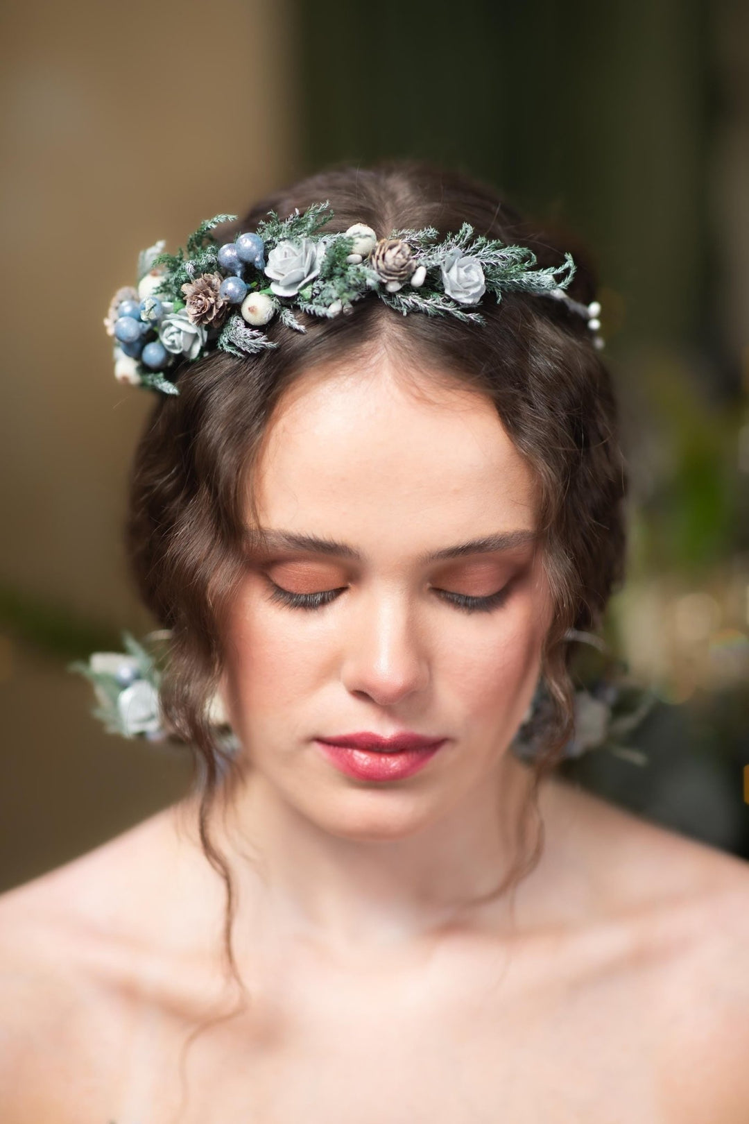 Winter Wedding Hair Wreath: Woodland Pine Cone & Berry Crown – handmade floral hair accessory by magaela