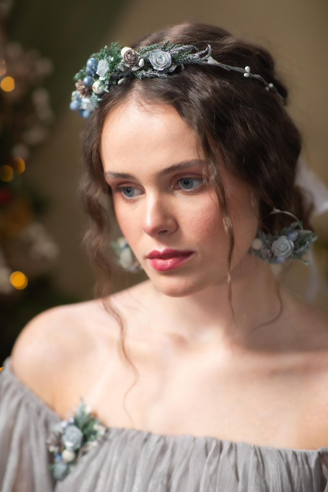 Winter Wedding Hair Wreath: Woodland Pine Cone & Berry Crown – handmade floral hair accessory by magaela