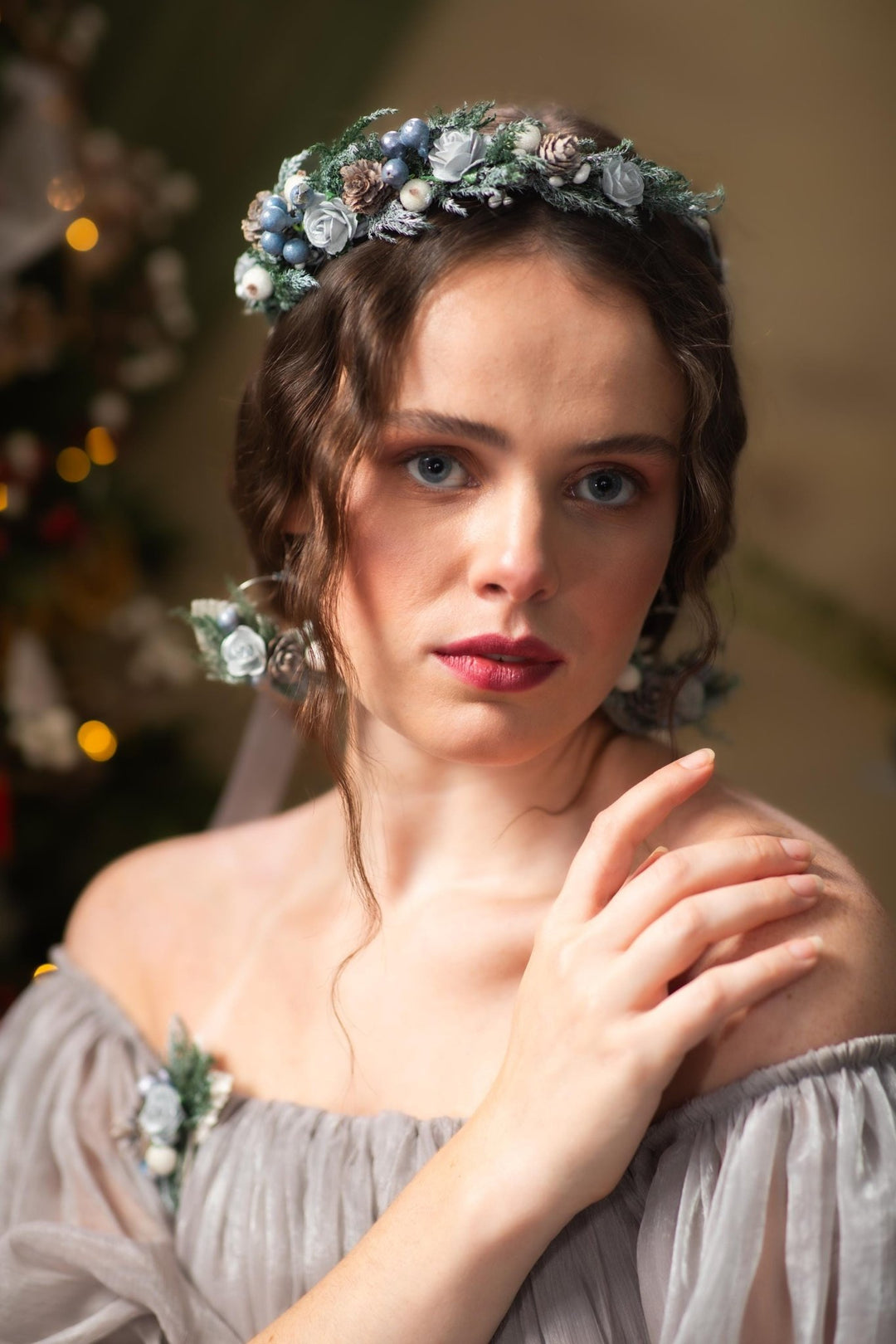 Winter Wedding Hair Wreath: Woodland Pine Cone & Berry Crown – handmade floral hair accessory by magaela