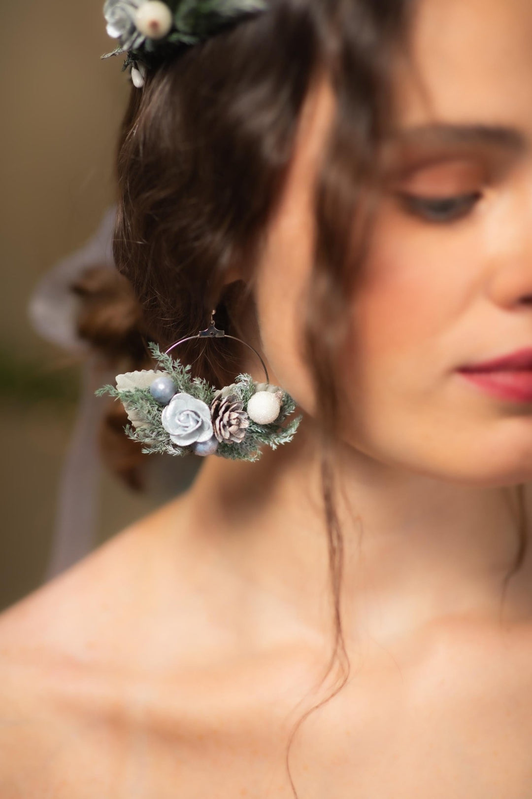 Winter Flower Circle Earrings: Woodland Wedding Accessories – handmade floral hair accessory by magaela