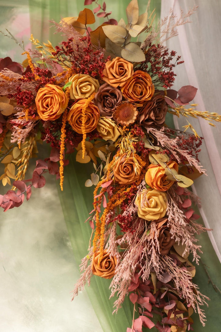 Boho Burnt Orange Wedding Arch Swag: Autumn Terracotta Floral Decoration – handmade floral hair accessory by magaela