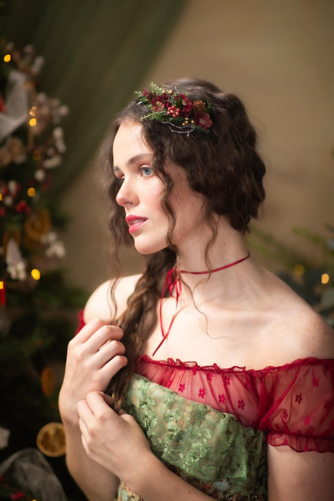 Burgundy Christmas Headband: Woodland Pine Cone & Berry Headpiece – handmade floral hair accessory by magaela