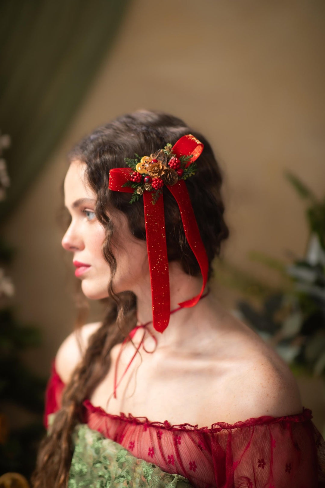 Christmas Bow Clip: Red Ribbon, Pine Cones & Gingerbread – handmade floral hair accessory by magaela
