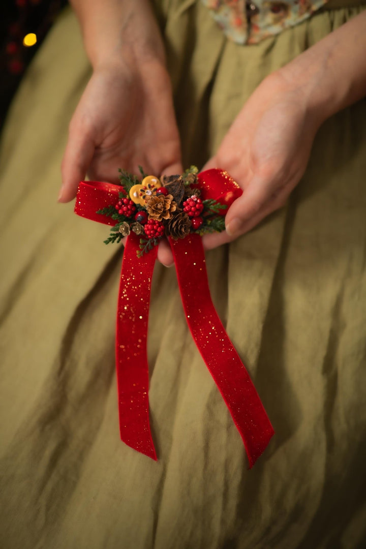 Christmas Bow Clip: Red Ribbon, Pine Cones & Gingerbread – handmade floral hair accessory by magaela