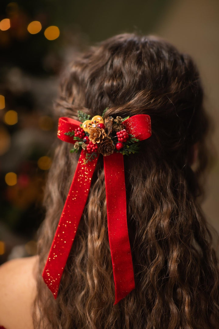 Christmas Bow Clip: Red Ribbon, Pine Cones & Gingerbread – handmade floral hair accessory by magaela