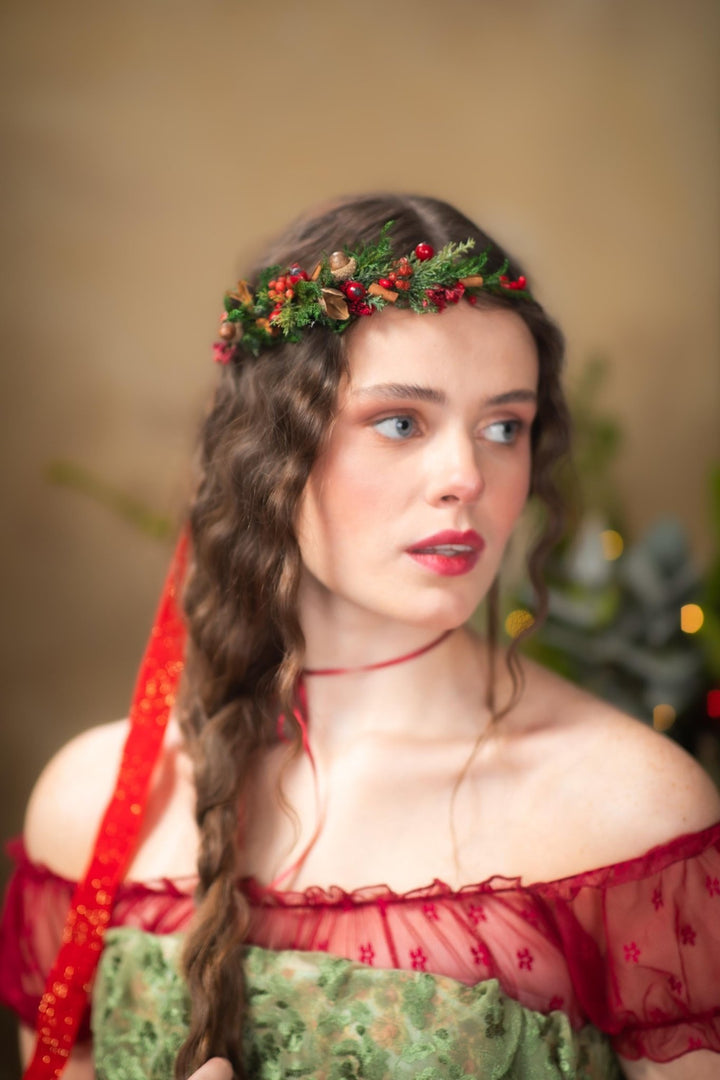 Red Berry Christmas Hair Wreath: Woodland Winter Headpiece – handmade floral hair accessory by magaela