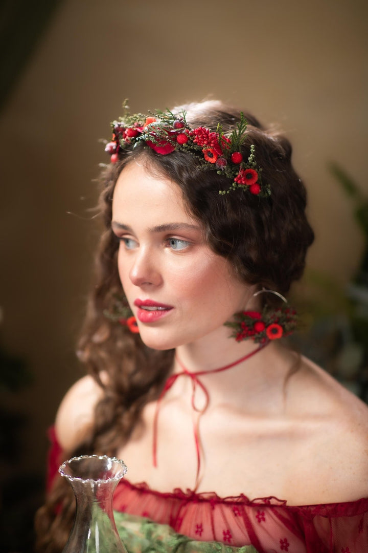 Red Christmas Headband: Poppy Flower & Berry Headpiece – handmade floral hair accessory by magaela
