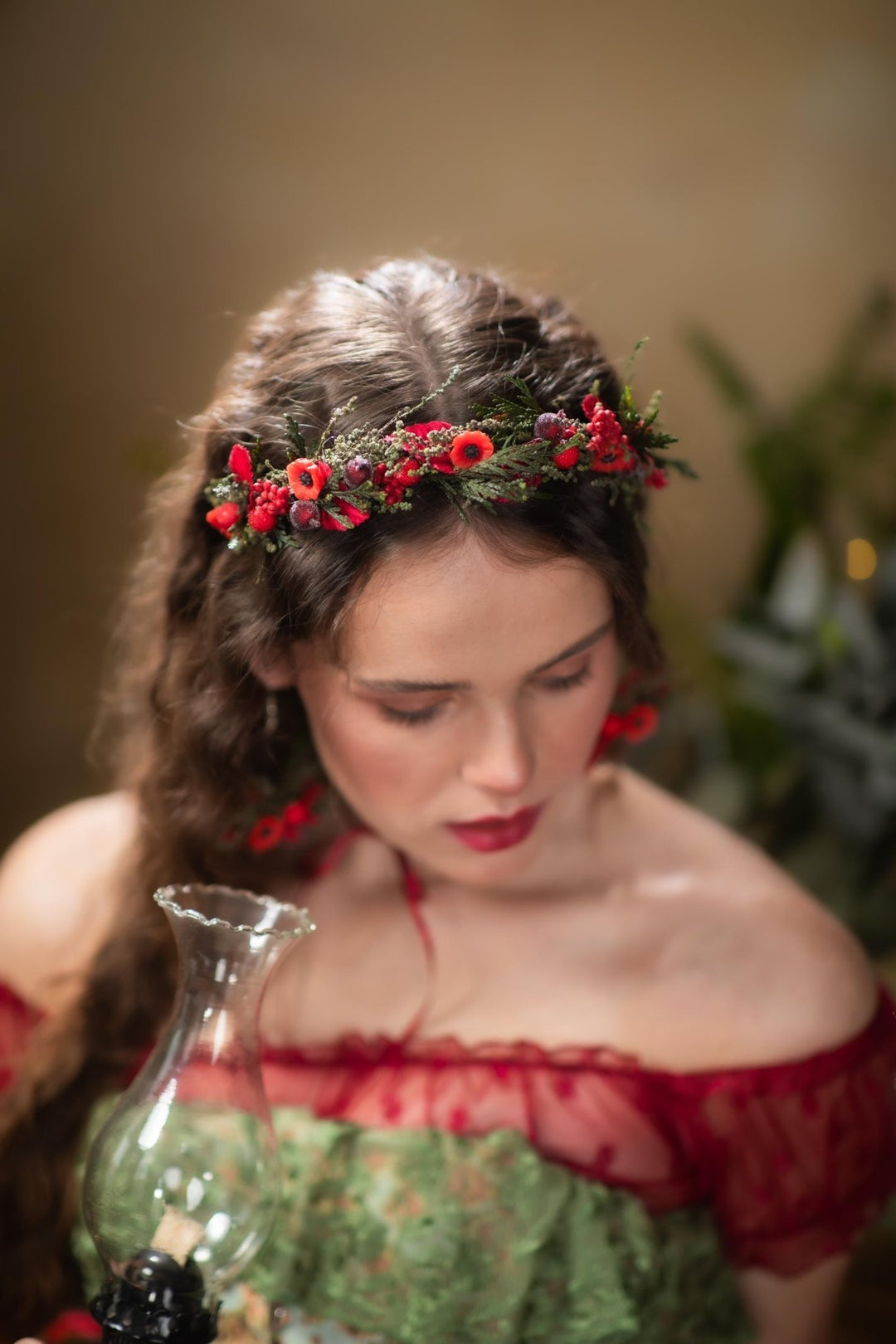 Red Christmas Headband: Poppy Flower & Berry Headpiece – handmade floral hair accessory by magaela