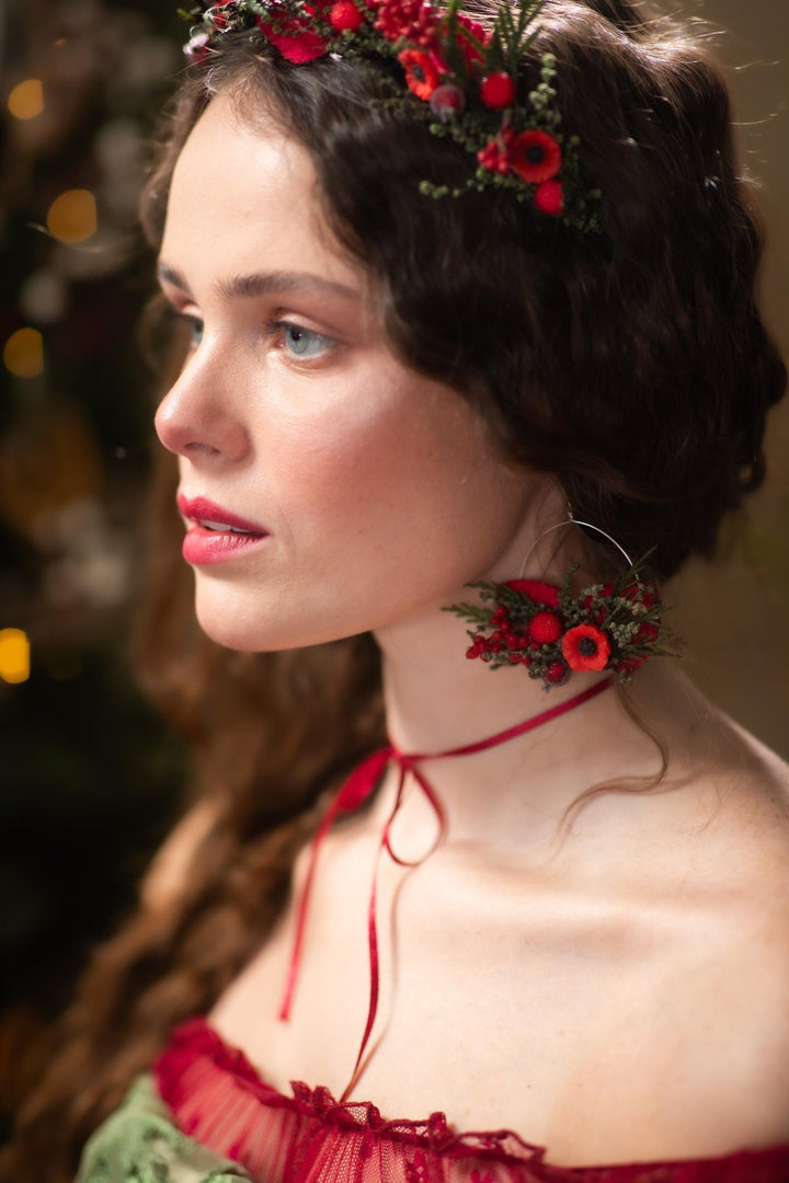 Red Poppy Flower Circle Earrings: Christmas Wedding Jewelry – handmade floral hair accessory by magaela